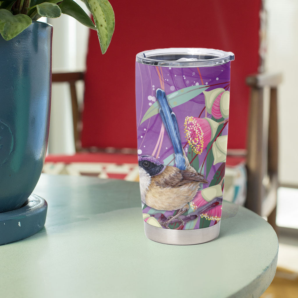Australia Epilepsy Month Tumbler Cup Purple Fairy Wren with Eucalyptus Flowers