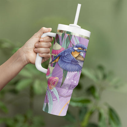 Australia Epilepsy Month Tumbler With Handle Purple Fairy Wren with Eucalyptus Flowers