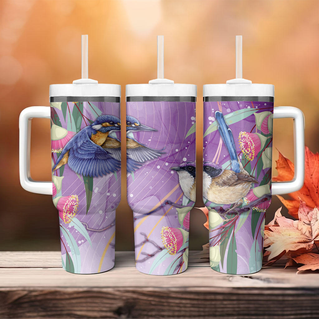 Australia Epilepsy Month Tumbler With Handle Purple Fairy Wren with Eucalyptus Flowers