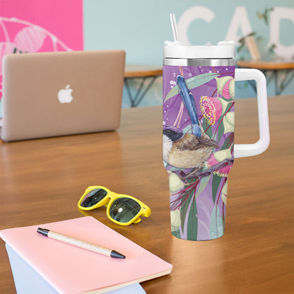 Australia Epilepsy Month Tumbler With Handle Purple Fairy Wren with Eucalyptus Flowers