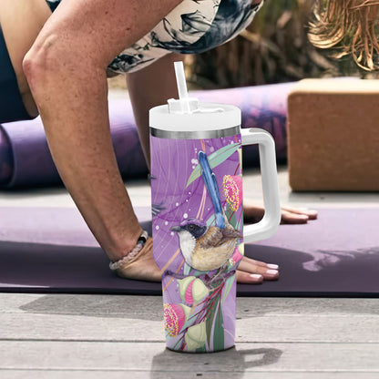Australia Epilepsy Month Tumbler With Handle Purple Fairy Wren with Eucalyptus Flowers