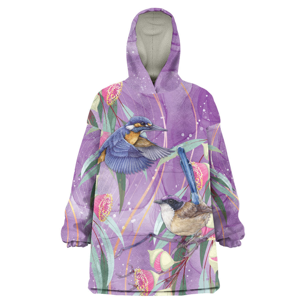 Australia Epilepsy Month Wearable Blanket Hoodie Purple Fairy Wren with Eucalyptus Flowers