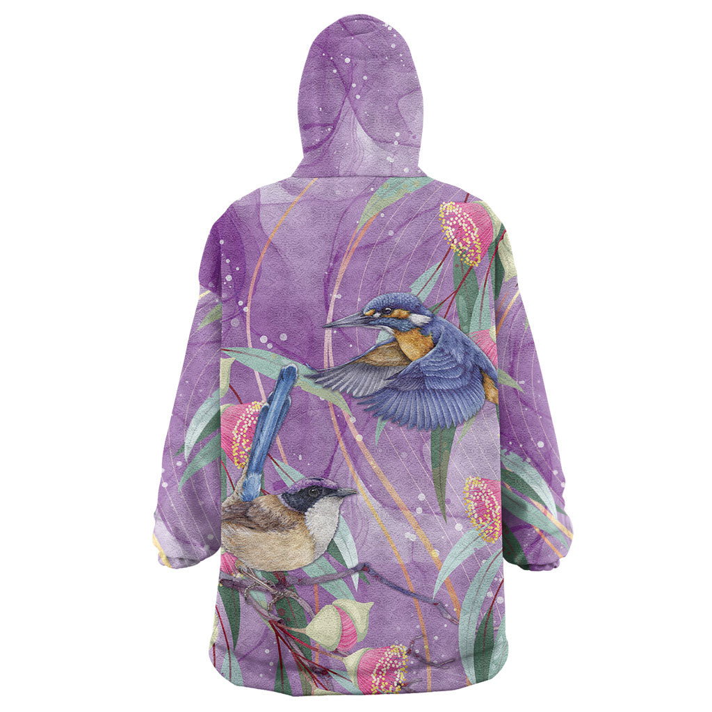 Australia Epilepsy Month Wearable Blanket Hoodie Purple Fairy Wren with Eucalyptus Flowers