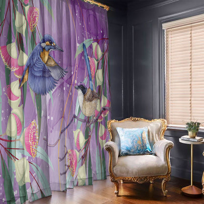 Australia Epilepsy Month Window Curtain Purple Fairy Wren with Eucalyptus Flowers