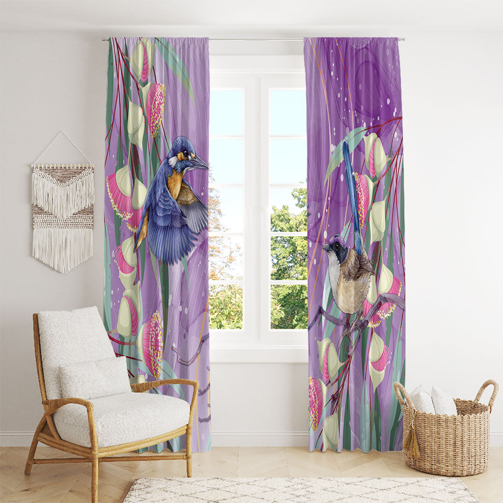 Australia Epilepsy Month Window Curtain Purple Fairy Wren with Eucalyptus Flowers