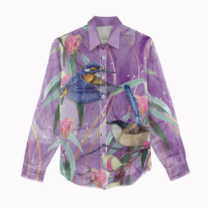 Australia Epilepsy Month Women Casual Shirt Purple Fairy Wren with Eucalyptus Flowers