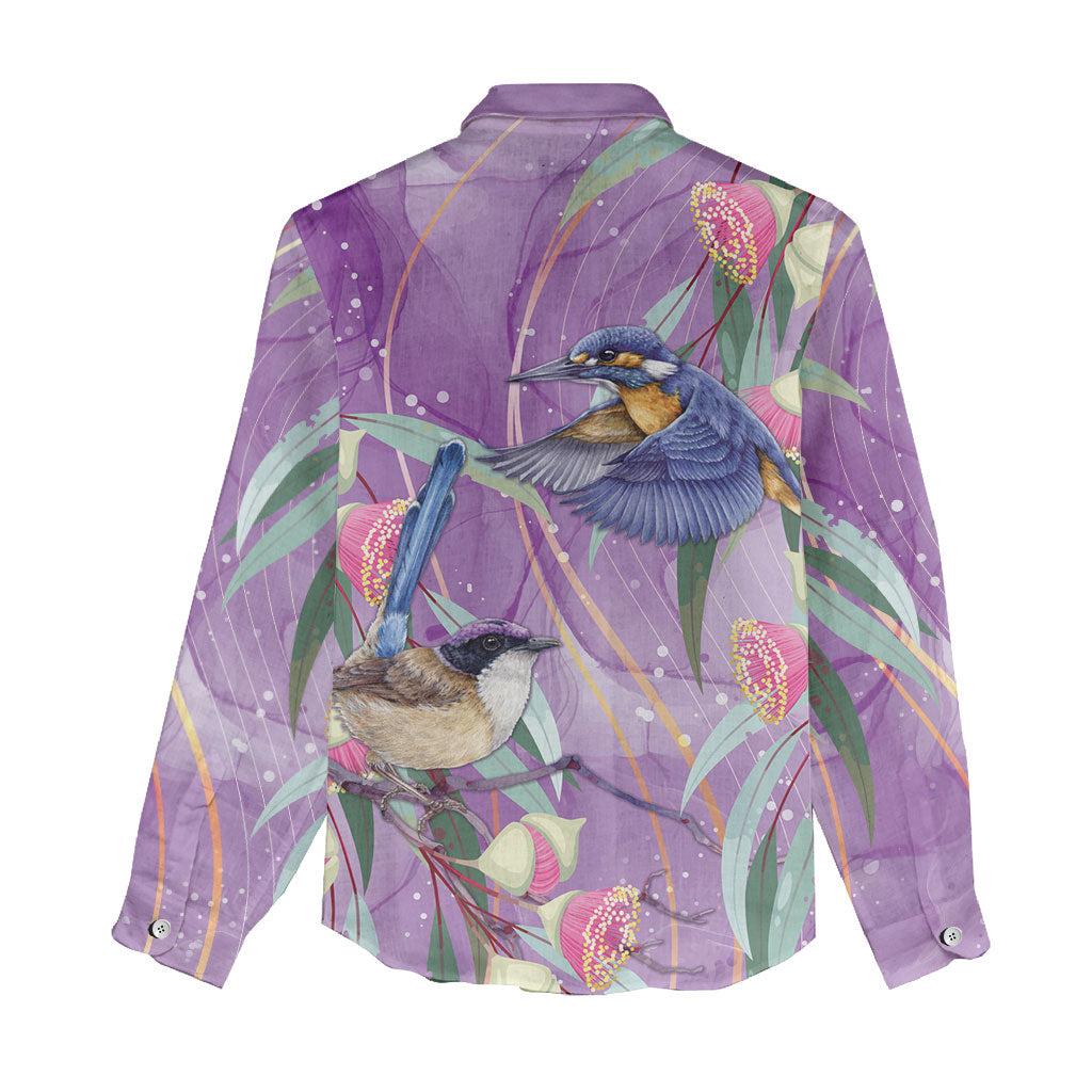 Australia Epilepsy Month Women Casual Shirt Purple Fairy Wren with Eucalyptus Flowers