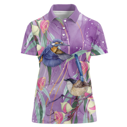 Australia Epilepsy Month Women Polo Shirt Purple Fairy Wren with Eucalyptus Flowers