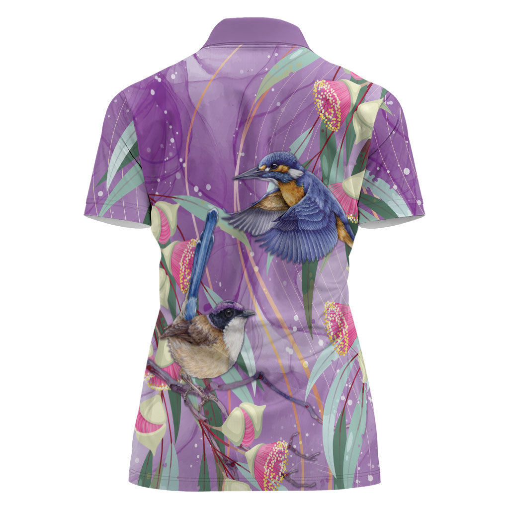 Australia Epilepsy Month Women Polo Shirt Purple Fairy Wren with Eucalyptus Flowers