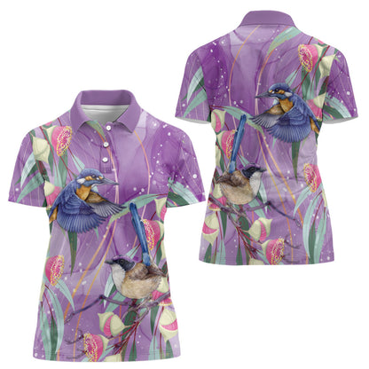 Australia Epilepsy Month Women Polo Shirt Purple Fairy Wren with Eucalyptus Flowers