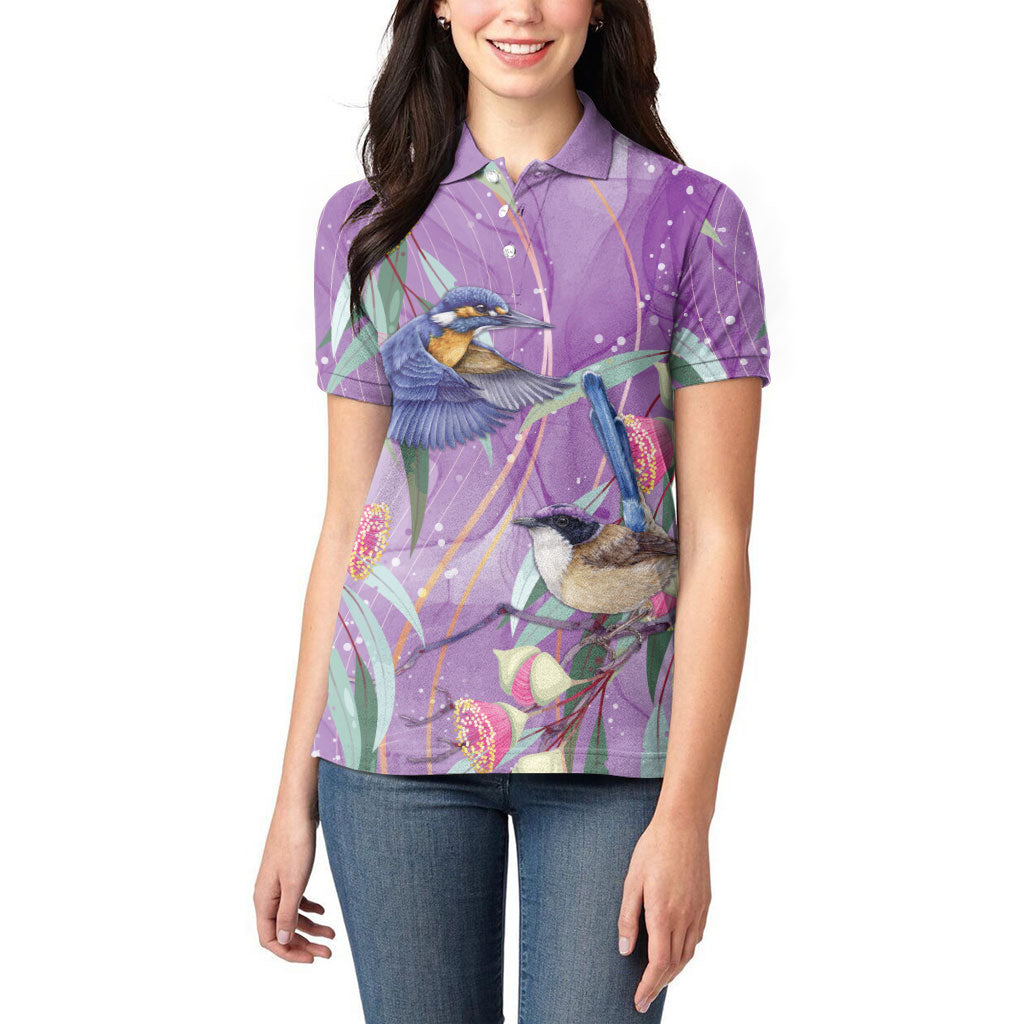 Australia Epilepsy Month Women Polo Shirt Purple Fairy Wren with Eucalyptus Flowers
