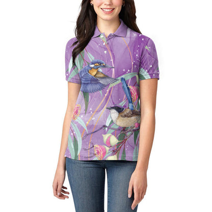 Australia Epilepsy Month Women Polo Shirt Purple Fairy Wren with Eucalyptus Flowers