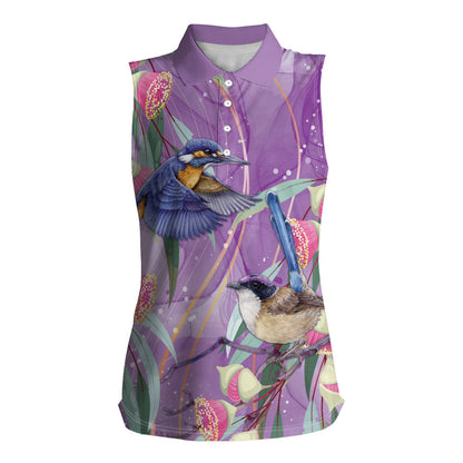 Australia Epilepsy Month Women Sleeveless Polo Shirt Purple Fairy Wren with Eucalyptus Flowers
