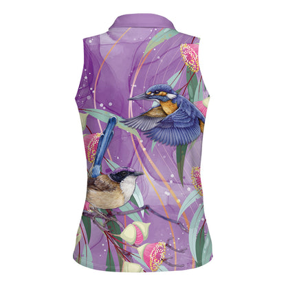 Australia Epilepsy Month Women Sleeveless Polo Shirt Purple Fairy Wren with Eucalyptus Flowers