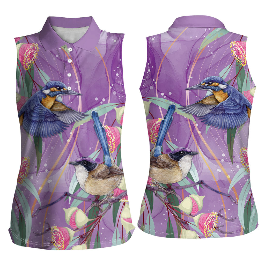 Australia Epilepsy Month Women Sleeveless Polo Shirt Purple Fairy Wren with Eucalyptus Flowers