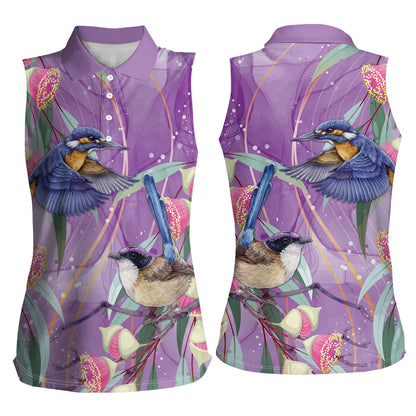 Australia Epilepsy Month Women Sleeveless Polo Shirt Purple Fairy Wren with Eucalyptus Flowers