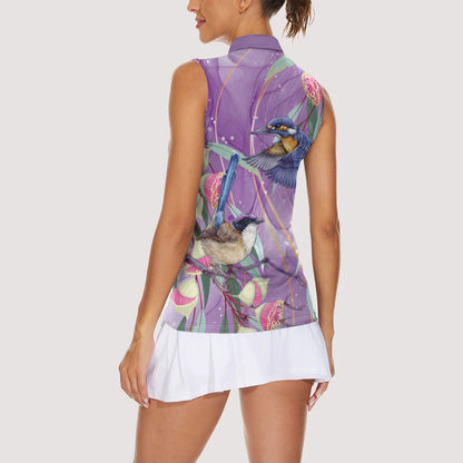 Australia Epilepsy Month Women Sleeveless Polo Shirt Purple Fairy Wren with Eucalyptus Flowers