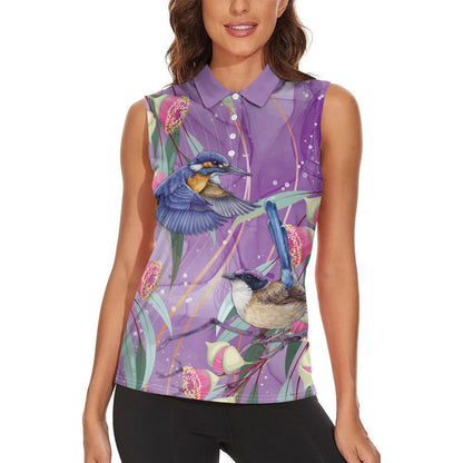 Australia Epilepsy Month Women Sleeveless Polo Shirt Purple Fairy Wren with Eucalyptus Flowers