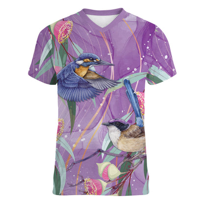 Australia Epilepsy Month Women V-Neck T-Shirt Purple Fairy Wren with Eucalyptus Flowers
