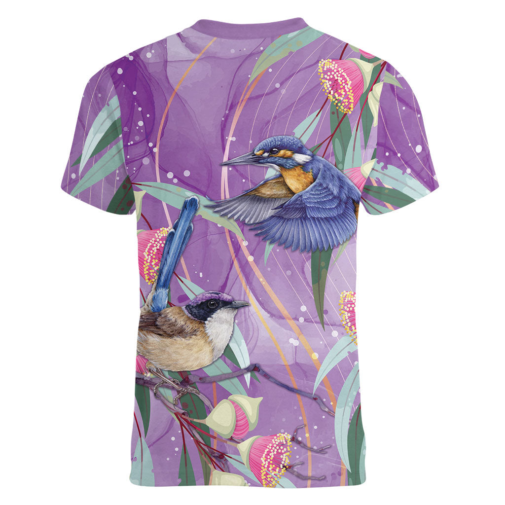 Australia Epilepsy Month Women V-Neck T-Shirt Purple Fairy Wren with Eucalyptus Flowers