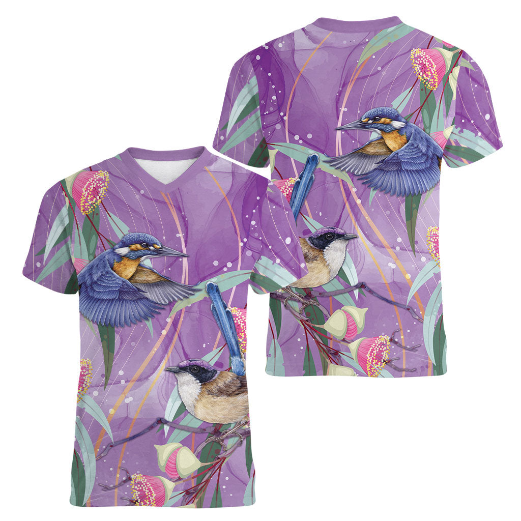 Australia Epilepsy Month Women V-Neck T-Shirt Purple Fairy Wren with Eucalyptus Flowers
