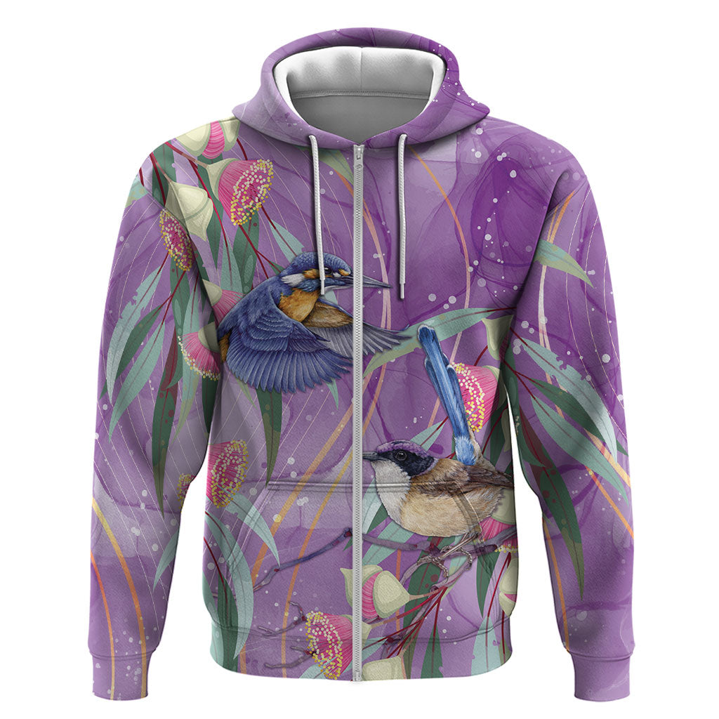 Australia Epilepsy Month Zip Hoodie Purple Fairy Wren with Eucalyptus Flowers
