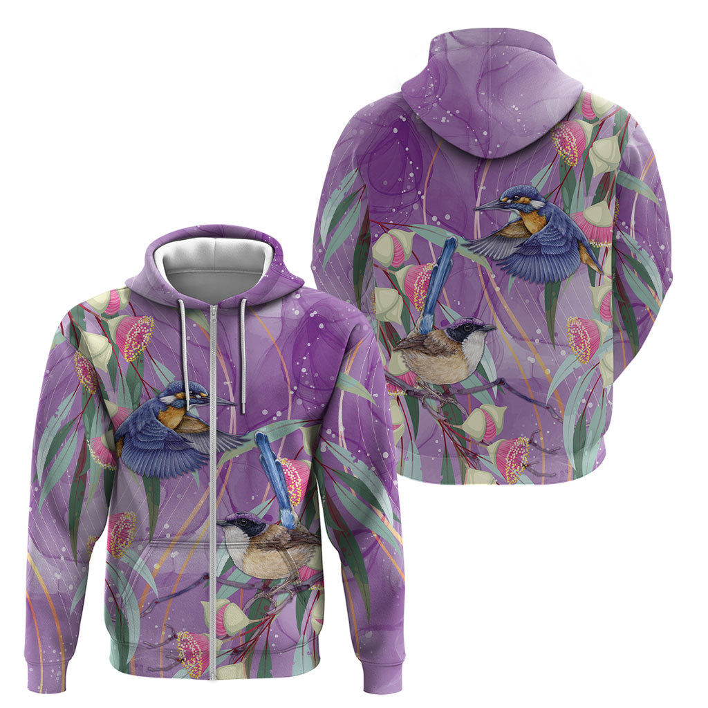 Australia Epilepsy Month Zip Hoodie Purple Fairy Wren with Eucalyptus Flowers