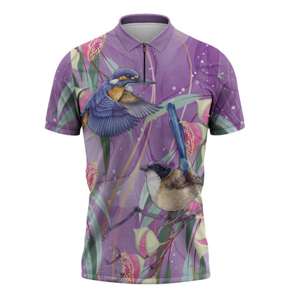 Australia Epilepsy Month Zipper Polo Shirt Purple Fairy Wren with Eucalyptus Flowers