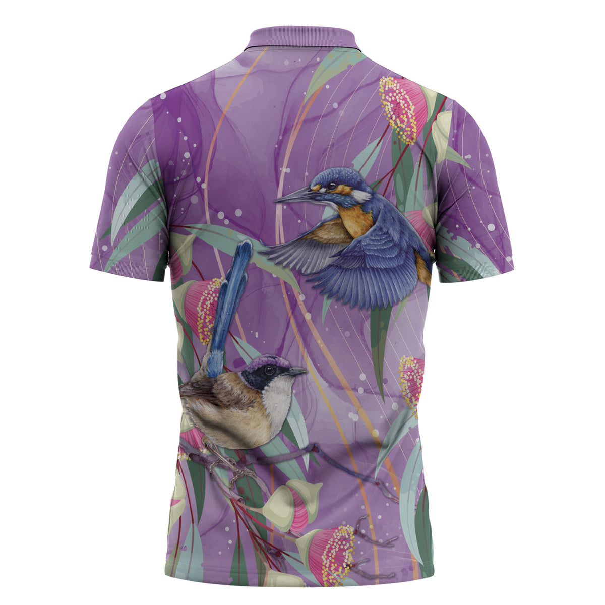 Australia Epilepsy Month Zipper Polo Shirt Purple Fairy Wren with Eucalyptus Flowers