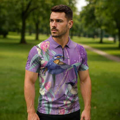 Australia Epilepsy Month Zipper Polo Shirt Purple Fairy Wren with Eucalyptus Flowers