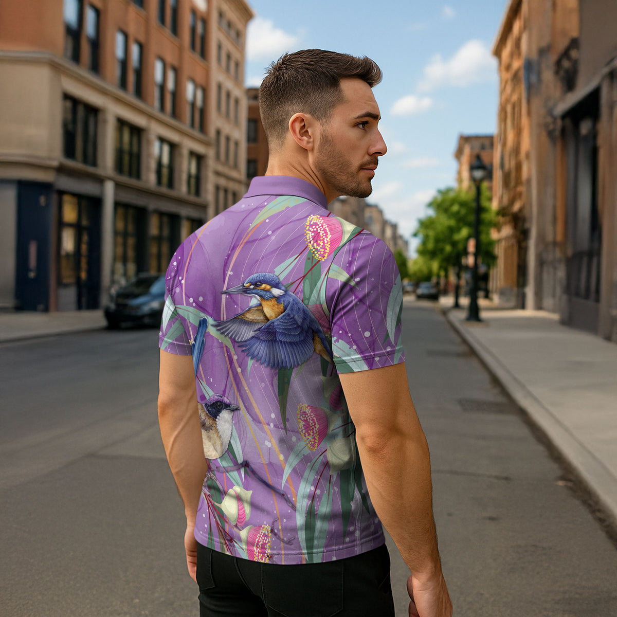 Australia Epilepsy Month Zipper Polo Shirt Purple Fairy Wren with Eucalyptus Flowers