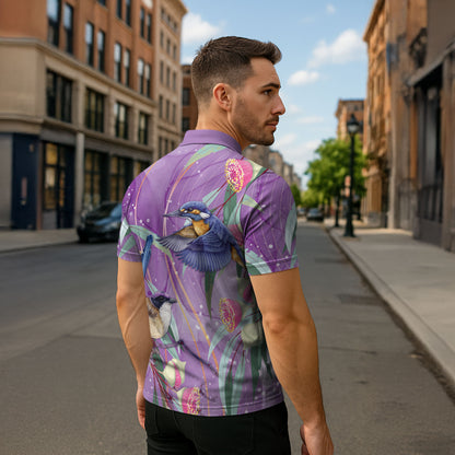 Australia Epilepsy Month Zipper Polo Shirt Purple Fairy Wren with Eucalyptus Flowers