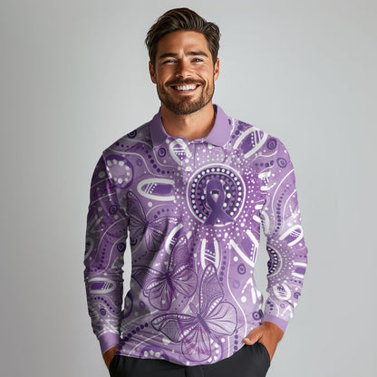 Australia Epilepsy Month Indigenous Long Sleeve Polo Shirt Butterfly Aboriginal Art