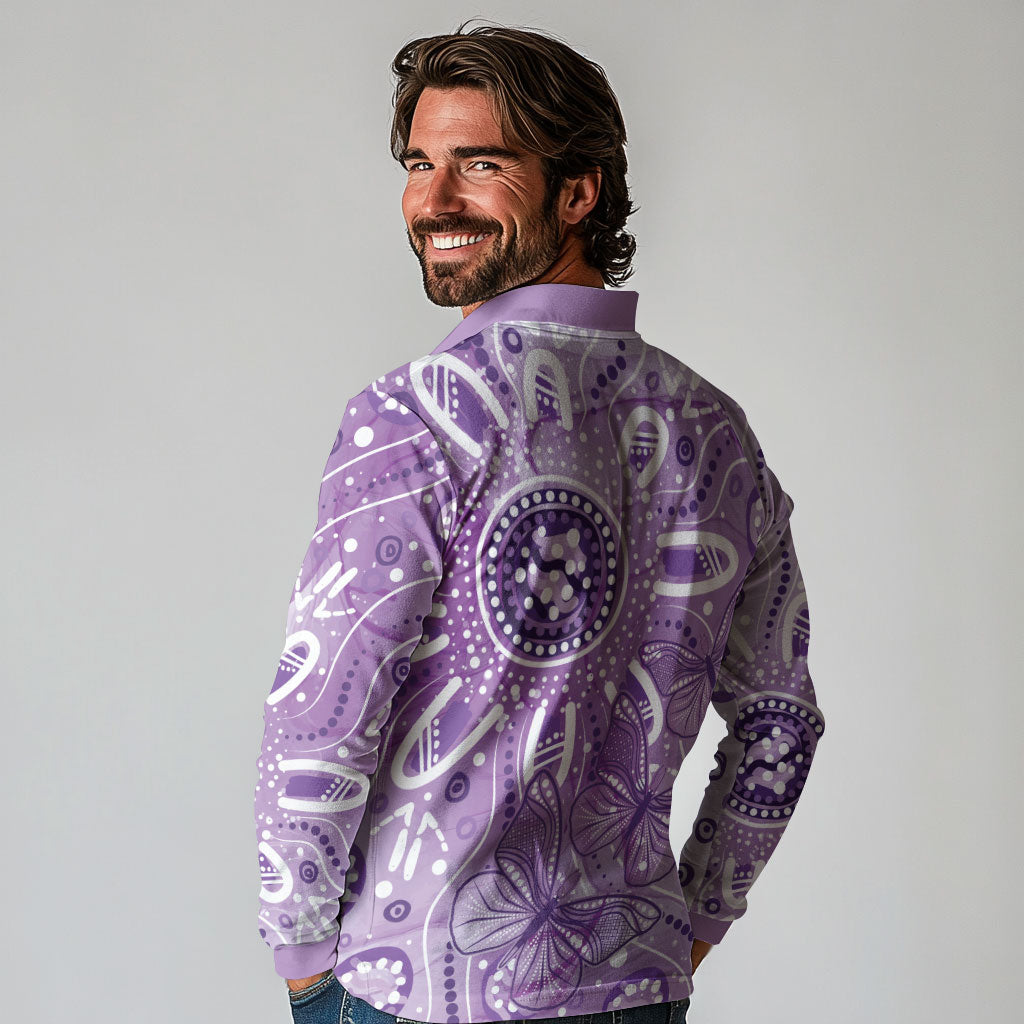 Australia Epilepsy Month Indigenous Long Sleeve Polo Shirt Butterfly Aboriginal Art