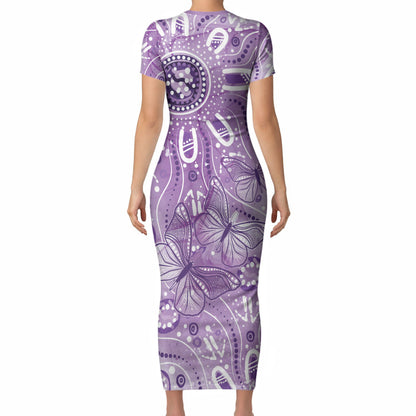 Australia Epilepsy Month Indigenous Short Sleeve Bodycon Dress Butterfly Aboriginal Art