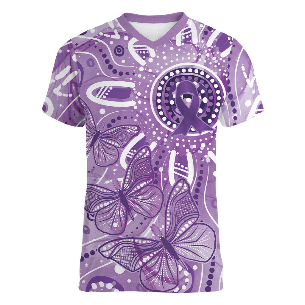 Australia Epilepsy Month Indigenous Women V-Neck T-Shirt Butterfly Aboriginal Art