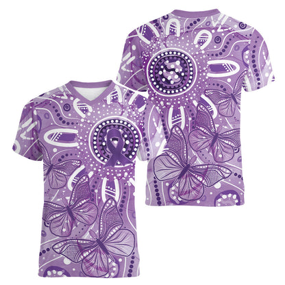 Australia Epilepsy Month Indigenous Women V-Neck T-Shirt Butterfly Aboriginal Art