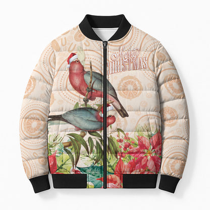 Merry Christmas Aussie Aboriginal Bomber Puffer Jacket Rosebreasted Cockatoo Pastel