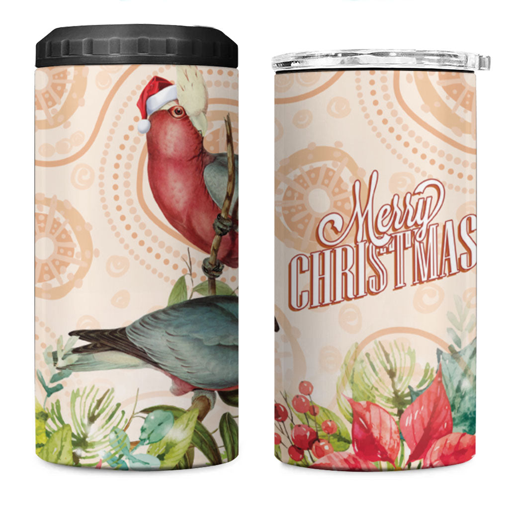 Merry Christmas Aussie Aboriginal 4 in 1 Can Cooler Tumbler Rosebreasted Cockatoo Pastel