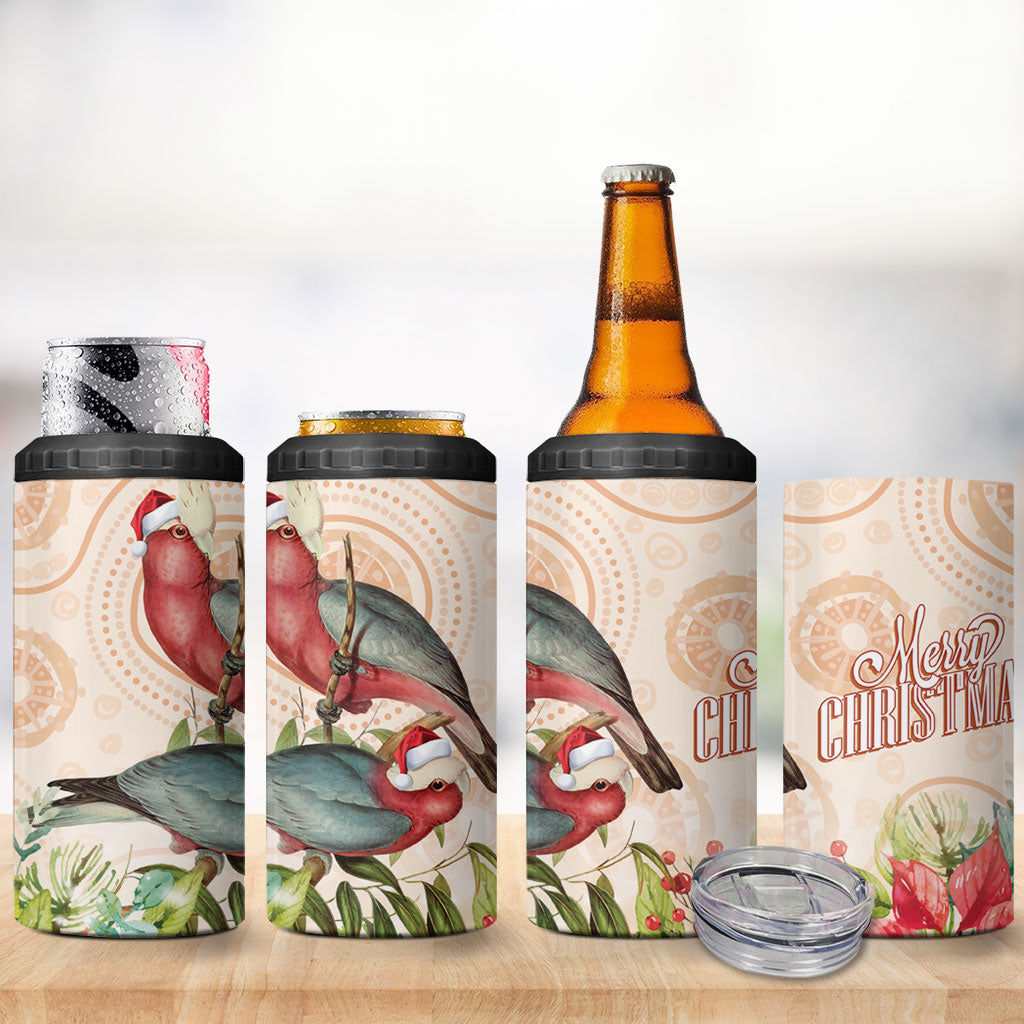 Merry Christmas Aussie Aboriginal 4 in 1 Can Cooler Tumbler Rosebreasted Cockatoo Pastel