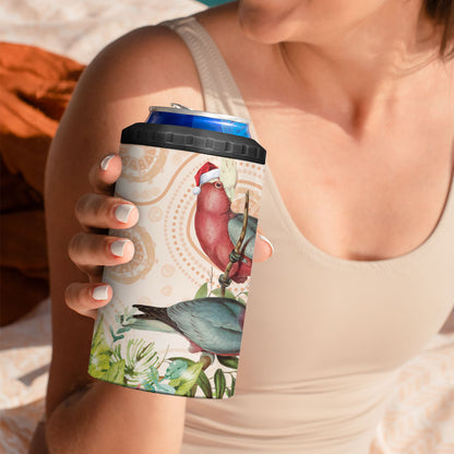 Merry Christmas Aussie Aboriginal 4 in 1 Can Cooler Tumbler Rosebreasted Cockatoo Pastel