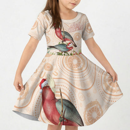 Merry Christmas Aussie Aboriginal Kid Short Sleeve Dress Rosebreasted Cockatoo Pastel