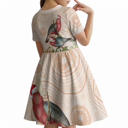 Merry Christmas Aussie Aboriginal Kid Short Sleeve Dress Rosebreasted Cockatoo Pastel