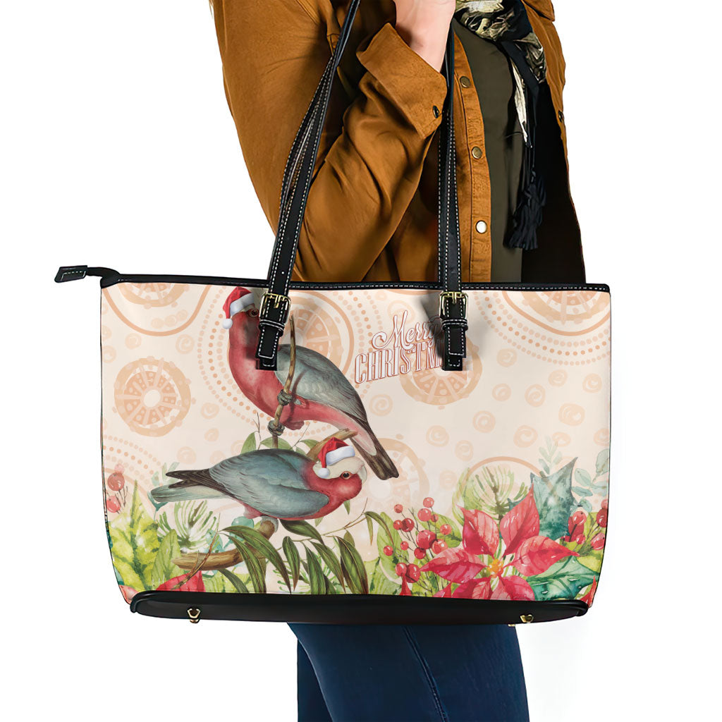 Merry Christmas Aussie Aboriginal Leather Tote Bag Rosebreasted Cockatoo Pastel