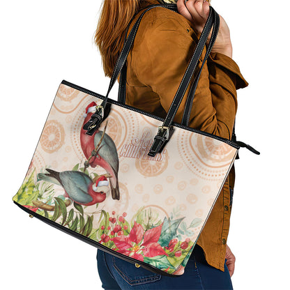Merry Christmas Aussie Aboriginal Leather Tote Bag Rosebreasted Cockatoo Pastel
