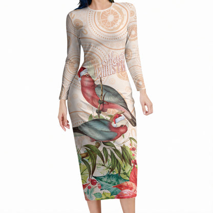 Merry Christmas Aussie Aboriginal Long Sleeve Bodycon Dress Rosebreasted Cockatoo Pastel