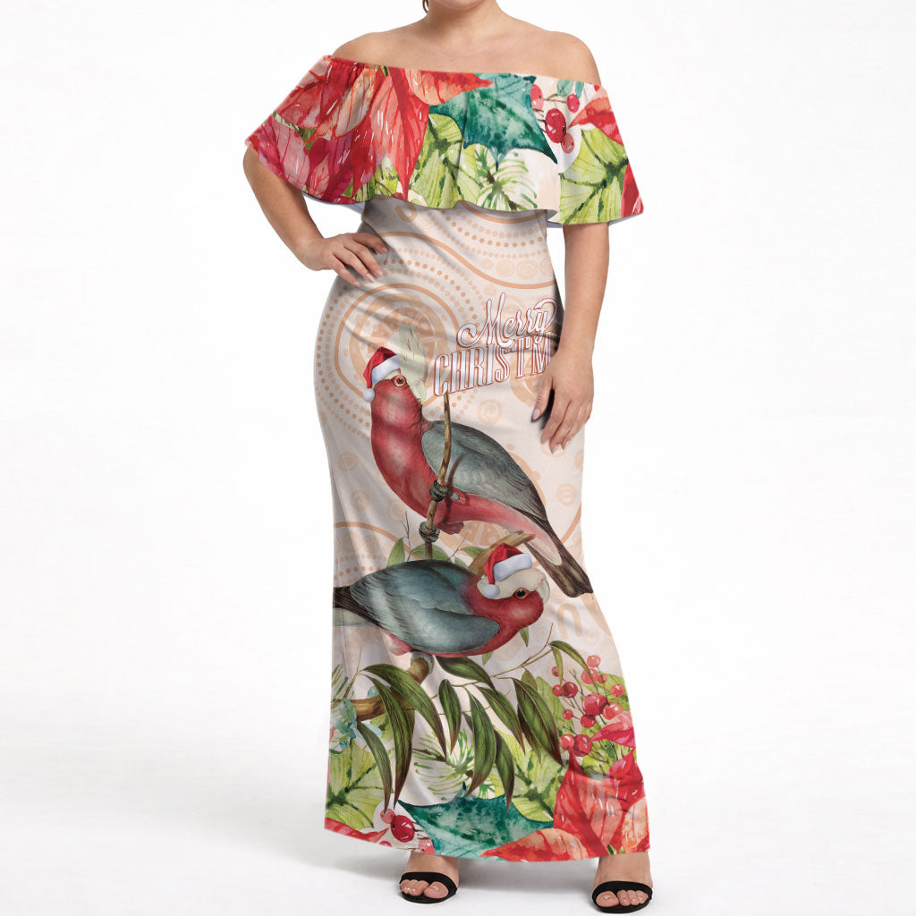 Merry Christmas Aussie Aboriginal Off Shoulder Maxi Dress Rosebreasted Cockatoo Pastel