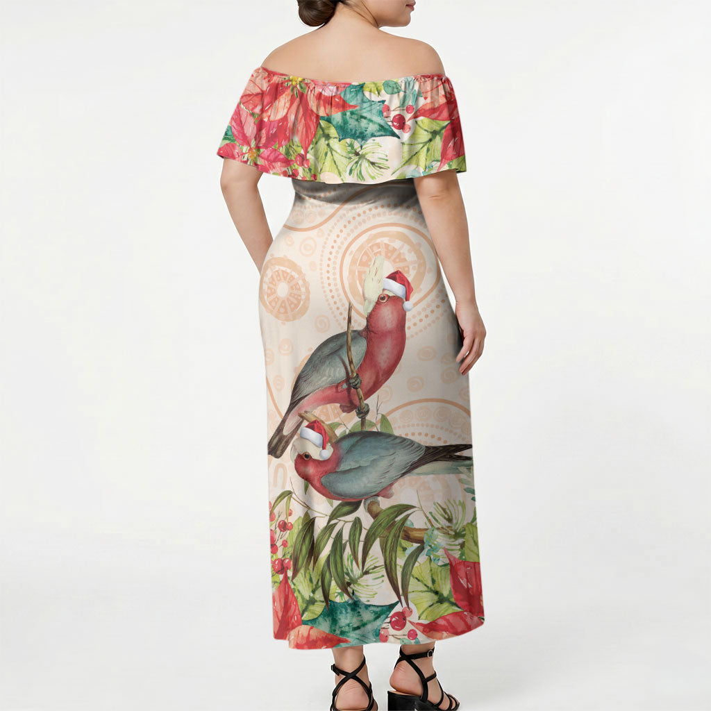 Merry Christmas Aussie Aboriginal Off Shoulder Maxi Dress Rosebreasted Cockatoo Pastel