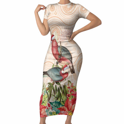 Merry Christmas Aussie Aboriginal Short Sleeve Bodycon Dress Rosebreasted Cockatoo Pastel