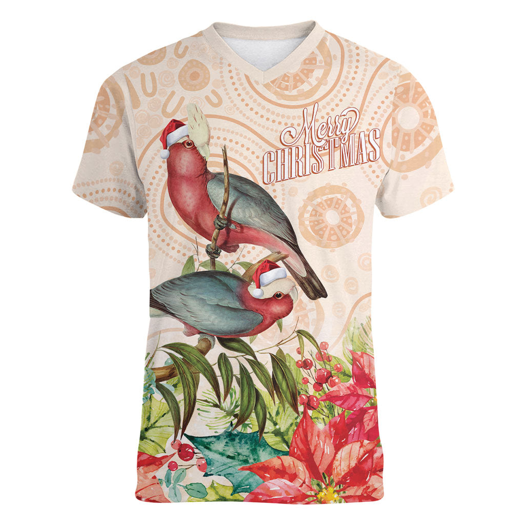 Merry Christmas Aussie Aboriginal Women V-Neck T-Shirt Rosebreasted Cockatoo Pastel